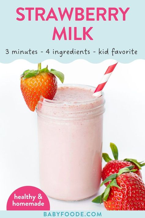 Strawberry Milk Smoothie, Simple Smoothie Recipes For Kids, Healthy Strawberry Milk, Homemade Juice For Kids, Diy Strawberry Milk, Flavored Milk Recipes, Strawberry Oat Milk, Flavcity Recipes, Frothed Milk Recipes