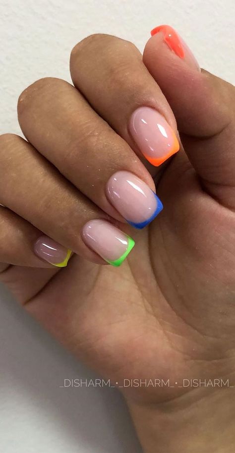 neon nail art, french nails , summer french nails, neon french nails Cute Summer Nail Ideas, Acrylic Nails French, Short French Tip, Nails Neon, Short French, Summer Nail Ideas, French Tip Nail Designs, Short Square Nails, French Tip Acrylic Nails