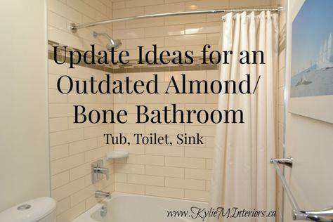 update ideas for an almond or bone bathroom, tub, toilet and sink Almond Bathroom Fixtures, Bone Bathroom, Tub Bathroom Ideas, Color Bathtub, Colored Toilets, Cream Bathroom, Restroom Design, Beige Bathroom, Bathroom Tub