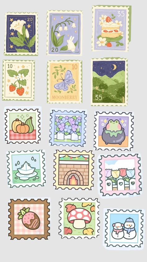 stamp sticker idea 💡🤍🌸 Cute Stamp Stickers, Postage Stamp Drawing, Postage Stamps Diy, Cute Stickers Printable Kawaii Stamps, Stamps Printable, Stamp Painting, Junk Journal Stickers, Stamp Drawing, Snail Mail Art