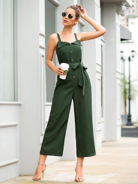 Cami Jumpsuit, Jumpsuit Dressy, Casual Tanks, Green Jumpsuit, Jumpsuit Fashion, Shein Style, Pop Fashion, Tulum, Jumpsuits For Women