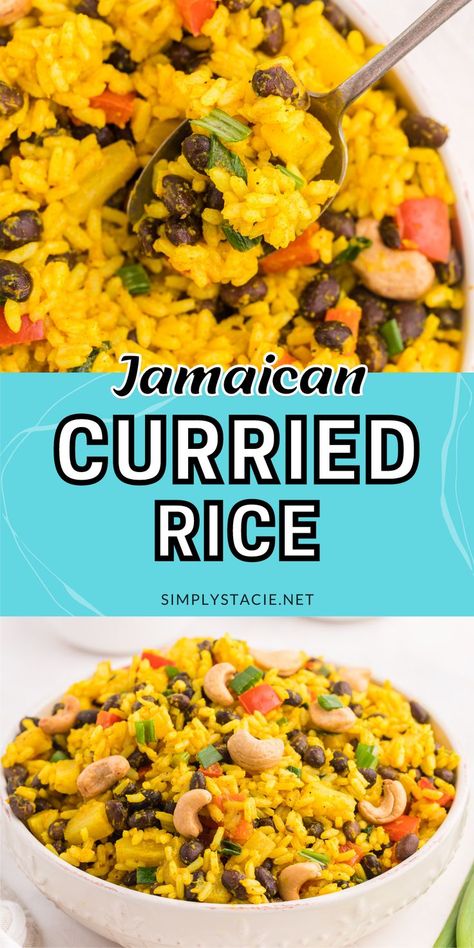 Two image collage of Jamaican curried rice. First image is a close up of the rice with a spoon. Second image is a bowl of rice. Rice Dishes Healthy, Curry Rice Recipes, Curried Rice, Rice Side Dish Recipes, Jamaican Curry, Jamaican Dishes, Rice Side Dishes, Curry Rice, Easy Side Dish