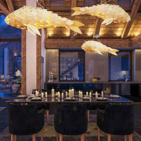 Lantern Fish, Wood Ceiling, Fish Sculpture, Lampshade Chandelier, Wooden Ceilings, Pendant Ceiling Lamp, Wood Shades, Creative Lighting, Wood Ceilings