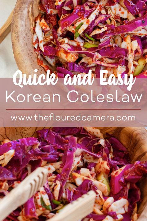 Korean Red Cabbage Slaw, Spicy Vinegar Coleslaw Recipe, Kimchi Slaw Recipes, Korean Cabbage Slaw, Korean Slaw Recipes, Korean Coleslaw Recipe, Chapchae Recipe, Kimchi Coleslaw, Korean Coleslaw