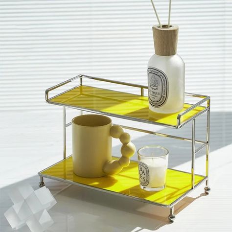 Modern 2-Tier Acrylic Storage Shelf Yellow Storage Rack with Open Storage Bathroom Organization Countertop, Colorful Storage, Acrylic Shelf, Acrylic Storage, Modern Deco, Bathroom Storage Organization, Bath Storage, Storage Design, Shelf Design