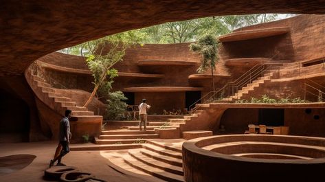 The circular design of buildings and courtyards, along with the monochromatic earth color, creates a unified and inclusive environment. Follow RBDSai Lab for architectural evolution #architecture #concept #aiart #kalaacademy #auroville #dailymidjourney #midjourneyarchitecture #midjourneyai #generativeart #artificialintelligence Organic Building, Architecture Courtyard, Circular Buildings, Master Thesis, Bg Design, Eco Architecture, Architecture Sketchbook, Rammed Earth, Brick Architecture