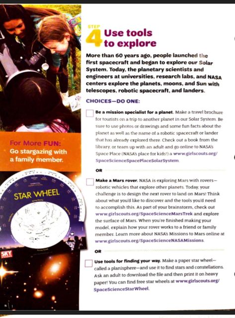 Space Science Investigator Page 8 of 11 Cadette Space Science Badge, Junior Space Science Investigator Badge, Girl Scout Badges Requirements, Girl Scout Brownies Meetings, Girl Scout Levels, Girl Scout Brownie Badges, Junior Girl Scout Badges, Girl Scout Daisy Activities, Girl Scout Patches