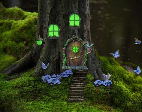 PRICES MAY VARY. [Miniature Fairy Garden Door Windows]: The fairies are looking for home. Hang these delicate door and windows on the trees in the garden and invite the fairies to stay here. The windows and pinecone ball in front of the door glow in dark. Hang these tree hugger on a tree in your yard, add life to your tree and make your garden fairy tale. [Premium Quality]: The miniature fairy garden door and windows are made of high grade resin. It is resistant to sunshine and weatherproof, can Opening Fairy Doors, Fairy Gnome, Fairy Garden Doors, Gnome Home, Tree Statues, Fairy Lanterns, Fairy Home, Lawn Ornament, Fairy Tree