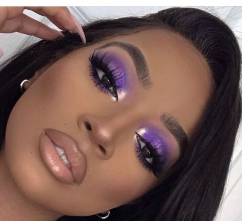 Dark Skin Purple Makeup, Purple Makeup Concert, Purple Birthday Makeup For Black Women, Purple And Sliver Makeup, Purple Soft Glam Makeup Black Women, Purple Eyeshadow Makeup Looks, Purple Carnival Makeup, Purple Smokey Eye Makeup Black Women, Dark Purple Makeup Looks Prom