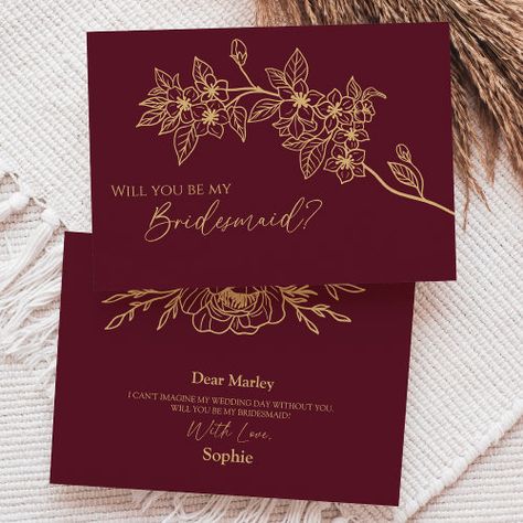 $2.92 | Burgundy Gold Floral Wedding Bridesmaid Proposal - modern bridesmaid proposal ask invite, simple maid of honor request, will you be my bridesmaid, classic elegant affordable invite, spring boho floral formal calligraphy, autumn botanical jewel tone traditional, minimalist vintage peony line art, unique script luxury summer leaf, rose flower fall colors winter, burgundy gold dark red hb704 Floral Wedding Bridesmaid, Wedding Bridesmaid Proposal, Maid Of Honor Proposal Card, Groomsman Card, Modern Bridesmaid, Be My Groomsman, Gold Calligraphy, Jewel Tone Colors, Groomsmen Proposal