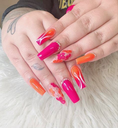 Summer Nails Hot Pink And Orange, Orange And Hot Pink Nails, Hot Pink And Orange Nails, Pink And Orange Nails, 3d Acrylic Flowers, Ball Nails, 30 Birthday, Hot Pink Nails, Nails Prom