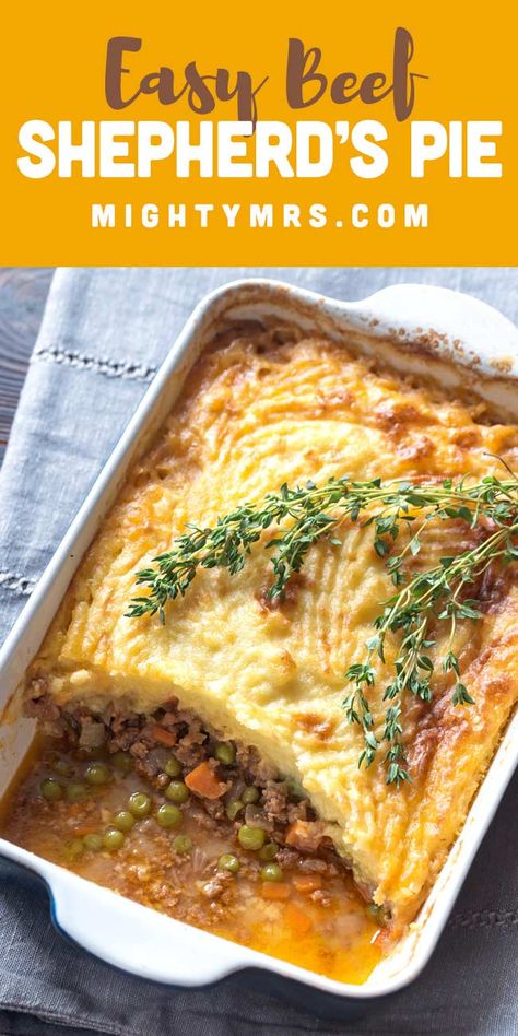 Easy Beef Shepherd's Pie - This recipe is easy enough for weeknight dinner using canned or homemade beef gravy, peas and carrots, beef and mashed potatoes baked to a golden brown crisp. Make in a cast iron skillet, or casserole dish. Use ground turkey for a healthy, lower fat option. Use homemade or instant mashed potatoes. Traditional Irish Dinner, Beef Cottage Pie, Homemade Beef Gravy, Irish Dinner, Easy Shepherds Pie, Winter Dinners, Potatoes Baked, Meat Meals, Instant Mashed Potatoes