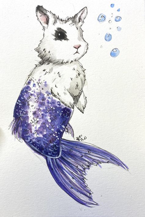 Bunny Mermaid, Water Rabbit, Bunny Bun, Exterior Murals, Mermaid Cat, Bunny Watercolor, Underwater Painting, Promotional Photos, Animal Study