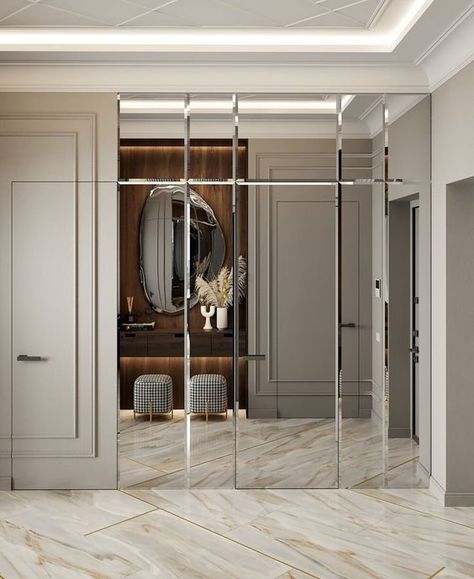 CLEVER CONCEALED STORAGE — LA CLOSET DESIGN Mirror Living Room Wall, Wall Mirror Living Room, Art Deco Style Interior, Mirror Decor Living Room, Mirror Wall Living Room, Mirror Design Wall, Home Entrance Decor, Commercial Interior Design, Design Wall