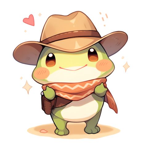 Cute Kawaii Frog Cowboy Froggy Sticker Cowboy Draw, Disney Character Drawings, Turtle Drawing, Simple Character, The Wild West, Kawaii Stickers, Cute Animal Drawings, Cute Kawaii, Wild West