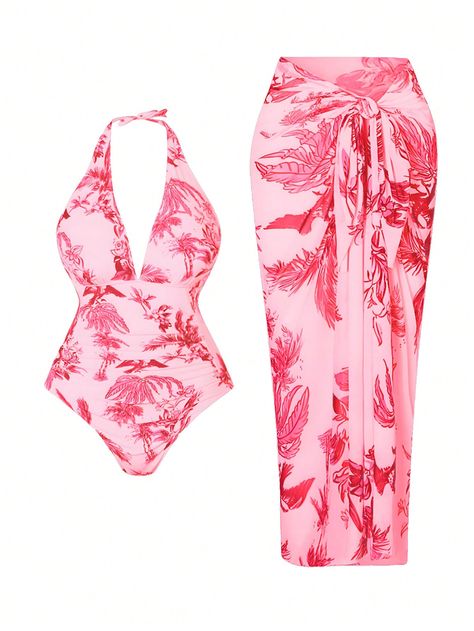 Plus Size Tropical Print Halter One-Piece Swimsuit With Sarong Skirt Pink Elegant    Tropical,Plants,All Over Print  High Stretch  Women Plus Clothing, size features are:Bust: ,Length: ,Sleeve Length: December Outfits, Holiday Outfits Summer, Sarong Skirt, Plus Size One Piece, Halter One Piece Swimsuit, Pink Swimsuit, Outfits Summer, Sarong, Tropical Plants