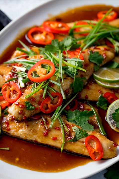 Thai Seabass Recipe, Asian Style Fish Recipe, Thai Sea Bass Recipes, Asian Basa Fish Recipes, Asian Fish Marinade, Asian Sea Bass Recipes, Asian Fish Recipes Thai Style, Asian Chilean Sea Bass Recipe, Seabass Fillet Recipe