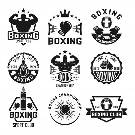 Boxing club set of monochrome labels, ba... | Premium Vector #Freepik #vector #logo #star #badge #man Boxing Logo Ideas, Boxing Club Logo, Boxing Logo, Boxing Tshirt Design, Sporty Graphic Print T-shirt For Boxing, Boxing Club, Badge Logo, Sports Clubs, Emblem Logo