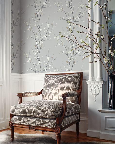 Cherry Blossom Trail wallpaper in light blue from Wallquest's Chinoiserie Collection Chinoiserie Wallpaper Bedroom, Ink Wallpaper, Wallpaper Chinoiserie, Wallpaper Australia, Blossom Wallpaper, Cherry Blossom Wallpaper, Wallpaper Interior, View Wallpaper, Chinoiserie Wallpaper