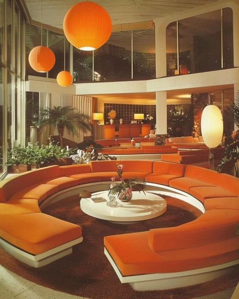 Orange living rooms by @thevxsxons Orange Living Rooms, 70s House Interior, 60s Diner, 60s Architecture, Tropical Apartment, 1960s Interior Design, Living Room 70s, 1960s Interior, Michigan Avenue Chicago