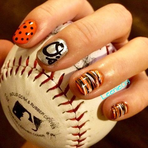 Baltimore Orioles Nail Love Go O's Orioles Nail Design, Baltimore Orioles Nails, Orioles Nails, Baseball Nails, Sports Nails, Nail Time, Baltimore Orioles, Beauty Secrets, Beauty Nails