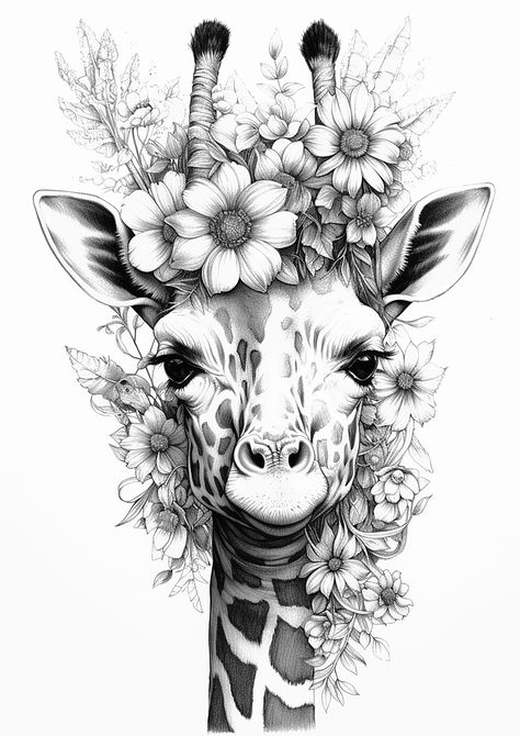 Mama Giraffe Tattoo, Animal And Flower Drawing, Animal Tattoo Leg Sleeve, Animal Flower Drawing, Giraffe And Flower Tattoo, Animal Leg Tattoos Women, Animals And Flowers Tattoo, Giraffe Leg Tattoo, Animal With Flowers Tattoo