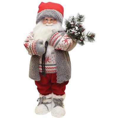 The Holiday Aisle Santa in Winter Vest with Sack of Pine Christmas Plastic Figure Decoration Santa Claus Figure, Fabric Scarf, Santa Figurines, Bunny Figurine, Winter Vest, Plaid Bow, Christmas Store, Mrs Claus, Seasonal Celebration