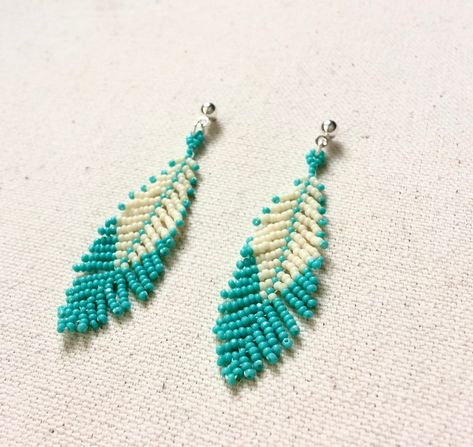 Feather earrings, feather beaded earrings, beaded earrings, dangle earrings, ball studs, turquoise blue by GoldenEarsDesignShop on Etsy Beaded Feather, Earrings Feather, White Wreath, Beaded Lanyards, Pumpkin Earrings, Earrings Beaded, Holiday Earring, Blue Hand, Bleu Turquoise