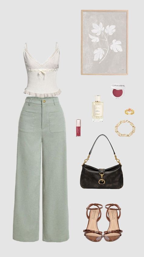 Matching artwork with outfits #outfits #artwork #mint #beige #fashion Mint Pants Outfit, Clothing Drawer, Outfit Shuffles, Mint Pants, Dinner Party Outfits, Beige Fashion, Beige Outfit, Cute Spring Outfits, Baggy Pants