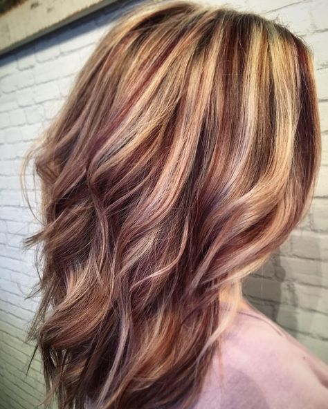 Balayage With Burgundy And Blonde, Blonde Hair With Mahogany Lowlights, Blonde Carmel Red Highlights, Blond And Auburn Highlights, Maroon Lowlights Blonde Hair With, Red And Blonde Highlights Straight Hair, Blonde With Red Brown Lowlights, Blonde And Reddish Brown Highlights, Maroon With Blonde Highlights