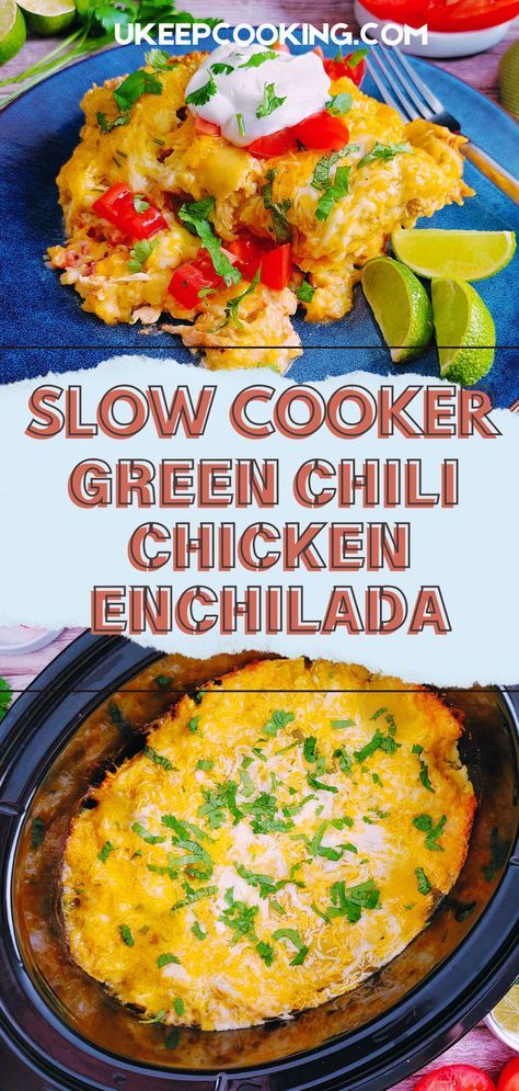 Discover our Slow Cooker Green Chili Chicken Enchilada, a crockpot favorite that's quick and easy to prepare! This flavorful dish combines tender chicken with green chilies for a delicious twist on traditional enchiladas. Perfect for busy days, it's a hearty meal the whole family will love. Slow Cooker Green Chili Chicken, Green Chili Chicken Crockpot, Slow Cooker Green Chili, Green Chili Chicken Enchilada Casserole, Slow Cooker Chicken Enchilada Casserole, Enchiladas Crockpot, Green Chicken Enchilada Casserole, Crockpot Chicken Enchilada Casserole, Green Chili Casserole