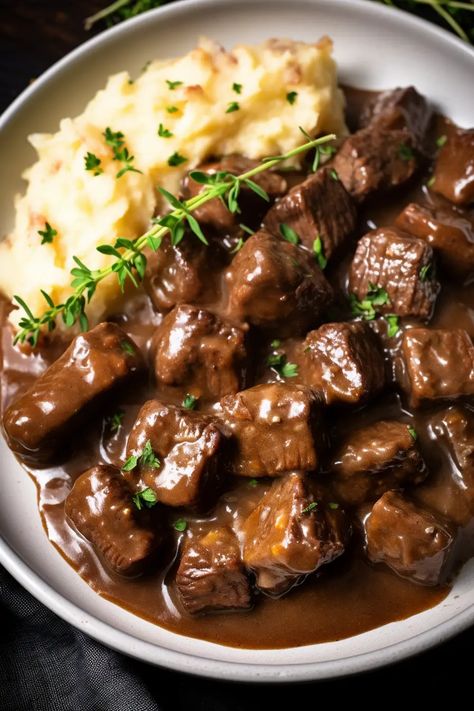 Beef Tips and Gravy - That Oven Feelin Steak Beef Tips Recipe, Steak Bites In Gravy, Savory Beef Tips, Seared Beef Tips, Balsamic Beef Tips, Asian Beef Tips, Joanna Gaines Beef Tips, Easy Beef Tips And Gravy Oven, Beef Tips And Gravy Dutch Oven