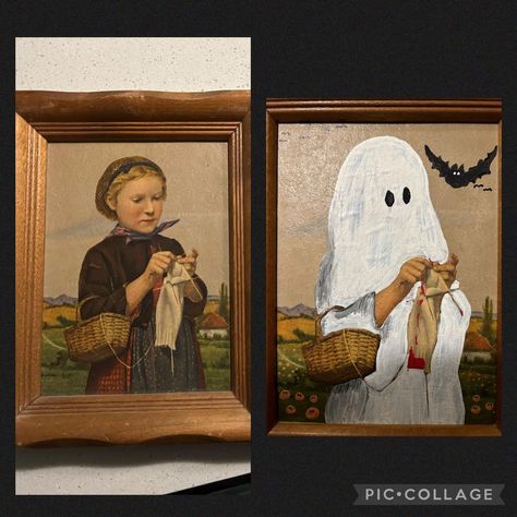 🧡 Fall & Halloween 🖤 | Halloween thrift store re-vamp �👻🩶 Vintage Halloween Paintings On Canvas, Thrift Flip Halloween Decor, Spooky Goodwill Painting, Thrifted Painting Makeover Halloween, Thrift Store Art Makeover Halloween, Ghostie Painting, Thrift Store Painting Upcycle Halloween, Halloween Thrift Store Painting, Ghost Painting Thrift Store