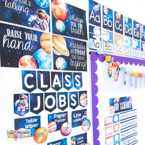 Transform your classroom into a cosmic adventure! 🌌✨ This space theme classroom decor is perfect for igniting imaginations and bringing the universe into your classroom. Time to reach for the stars! 👉https://bit.ly/3UufcYL #spaceclassroom #spacethemeclassroom #teachertribe #teachershare #teachersfollowteachers #teachingideas #teachersofthegram #classroomdecor #classroominspo #classroomtransformation Reach For The Stars Classroom Theme, Space Themed Classroom, Old Classroom, Space Theme Classroom, Daily Schedule Cards, Stars Classroom, Space Classroom, Classroom Goals, Classroom Transformation