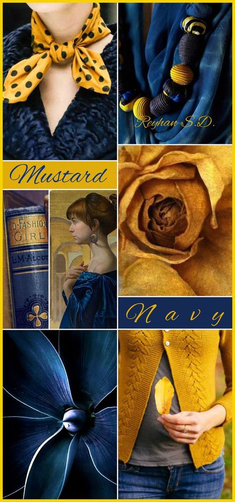 Navy and mustard Color Schemes Colour Palettes, Color Collage, Fashion Portfolio, Color Balance, Beautiful Color Combinations, Color Inspo, A Collage, Color Therapy, Color Textures