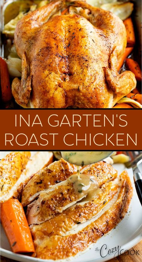 roast chicken with crispy skin and served with gravy Half Baked Harvest Roast Chicken, Roasted Chicken With Sauce, Perfect Roasted Chicken, Ina Garten Roasted Chicken Whole, Whole Bird Chicken Recipes, Roast Chicken With Gravy, Whole Chicken In Roaster, Ima Garten Roasted Chicken, Brining Whole Chicken