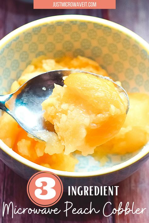 Make a cobbler in the microwave! Who knew? You can make this easy peasy Microwave 3-Ingredient Peach Cobbler in just minutes! #peaches #peachcobbler #peachpie #justmicrowaveit #microwaverecipes #cobblerrecipes Mug Peach Cobbler Microwave, Microwave Peach Dessert, Mug Cobbler Microwave, Microwave Cobbler, Peach Cobbler In A Mug, Microwave Cake Mix, Can Peach Cobbler, Microwave Recipes Dessert, Microwave Desserts