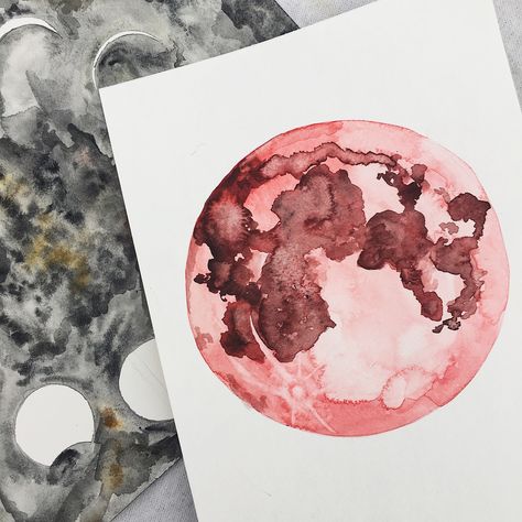 Watercolor illustration / watercolor red moon / lunar eclipse painting / lunar eclipse watercolor print / moon watercolor / red moon watercolor print / @fullerachel on Instagram Red Moon Phases Tattoo, Lunar Eclipse Tattoo, Red Moon Drawing, Eclipse Watercolor Painting, Red Moon Illustration, Moon Water Colour, Watercolour Moon Painting, Moon Phase Watercolor, Eclipse Tattoo