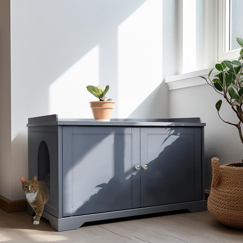 PRICES MAY VARY. 🐾 Chic & Functional Design: Elevate your home decor with our discreet litter box enclosure. Measuring 28.74”W x 21.10”D x 20.24”H, it provides a stylish hideaway for your cat's litter box. The playful dual inner doors add a charming touch, creating a cozy space for your cat to explore. 🐾 Built to Last & Cozy Comfort: Engineered for durability, our cat litter box enclosure boasts a solid MDF structure for stability. The high-density sponge cushion adds an extra layer of comfort Secret Litter Box Ideas, Litter Tray Ideas, Litter Box Placement Ideas, Litter Box Laundry Room, Enclosed Litter Box Ideas, Litter Robot Cabinet Diy, Litterbox Hideaway Diy, Litterbox Ideas, Kitty Litter Box Ideas