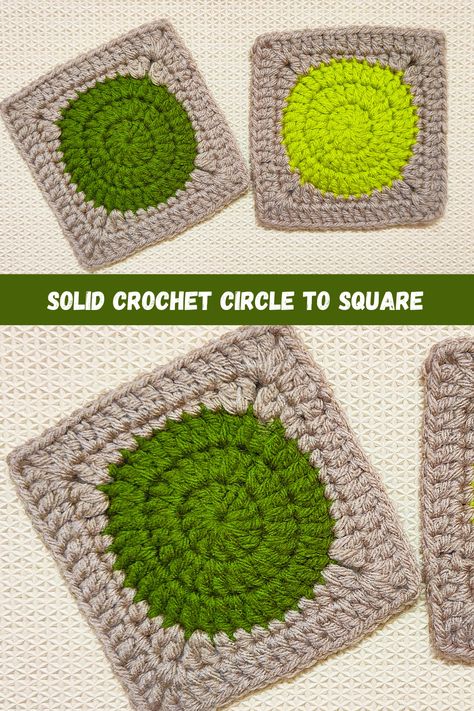 Seamless Solid Crochet Circle To Granny Square Pattern #crochetcircle #crochetgrannysquare #crochetsquare #crochetcircletosquare Solid Circle Granny Square, Granny Circle In A Square, Circle To Granny Square Pattern, Crochet Circle Square Pattern, Crochet Circle Into Square, Circle In A Square Crochet, Crochet Circle To Square Pattern, Crochet Circle Square, Circle To Square Crochet