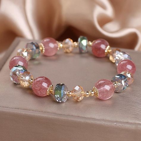 Material: Strawberry quartz Fashion Element: Lucky bag Style: Affordable luxury style Fairytale Bracelet, Girly Bracelets, Dope Jewelry Accessories, Handmade Crystal Jewelry, Diy Bracelet Designs, Beads Bracelet Design, Simple Bracelets, Crystal Beads Bracelet, Pretty Bracelets