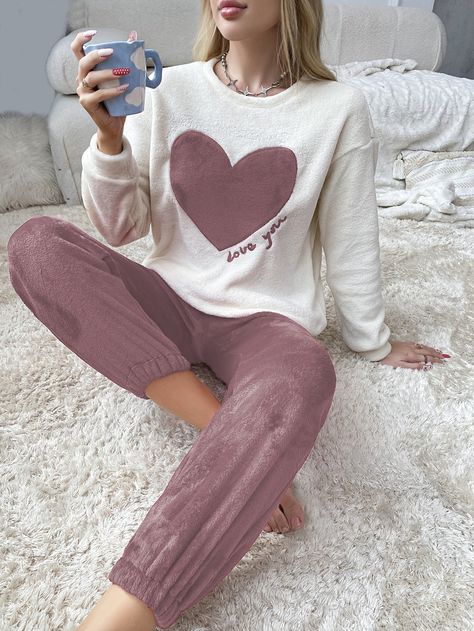 Sleepwear Women Pajamas, Women Slogan, Red Pajamas, Heart Letter, Flannel Pajama Sets, Cute Pajamas, Letter Embroidery, Elegant Dresses Long, Women Long Sleeve Tops