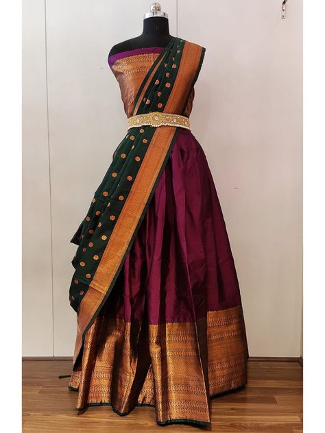 Sarees With Belt, Traditional Brown Wear With Pallu Drape, Festive Brown Lehenga With Traditional Drape, Bottle Green Half Saree, Half Saree Belt Designs, Brown Half Saree, Black Velvet Blouse Design, Saree Outfits, Indowestern Outfits