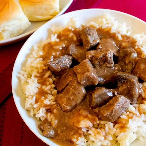 Roast And Rice And Gravy, Steak Tips And Rice, Rice And Gravy Recipes, Beef Tips And Rice Recipe, Stew Beef And Rice, Beef Tips Over Rice, Homemade Brown Gravy, Beef Tips And Rice, Dr Food