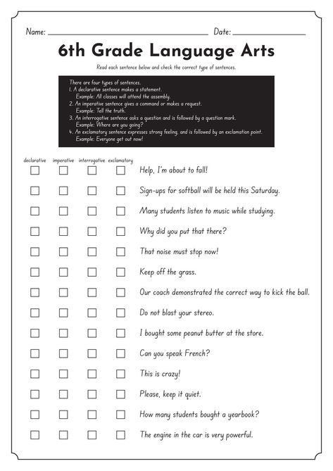 6th Grade Writing Worksheets, 6th Grade English Worksheets, 5th Grade Language Arts, Middle School Worksheets, 6th Grade Language Arts, 6th Grade English, Middle School Reading Comprehension, Language Concepts, Declarative Sentences