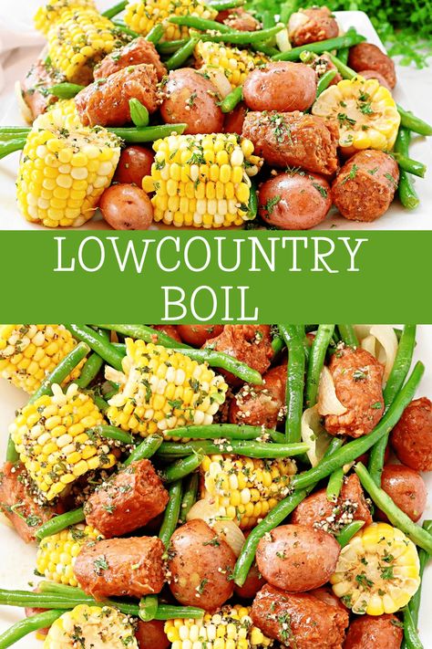 Lowcountry Boil ~ Southern-style feast with red potatoes, plant-based sausage, sweet corn, green beans, and aromatic spices, all drenched in garlic butter. via @thiswifecooks Corn Boil Recipe, Corn And Potato Boil, Southern Green Beans And Potatoes, Sausage Boil, Corn Boil, Sausage Potatoes Green Beans, Camp Hacks, Low Country Boil Recipe, Lowcountry Boil