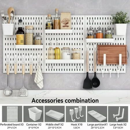 Pegboard Combination Kit offers versatile organization with 2 pegboards and 10 accessories. Measuring 22" x 11" in a sleek white design, it suits various needs from crafts to nursery storage. Installation is flexible with self-adhesive brackets for easy setup or drilling for a secure fix. Ideal for wall organization, ornaments display, and more. Product information Material Acrylonitrile Butadiene Styrene Color White Special Feature Punch-free easy installation and perfect material Shelf Type Ha