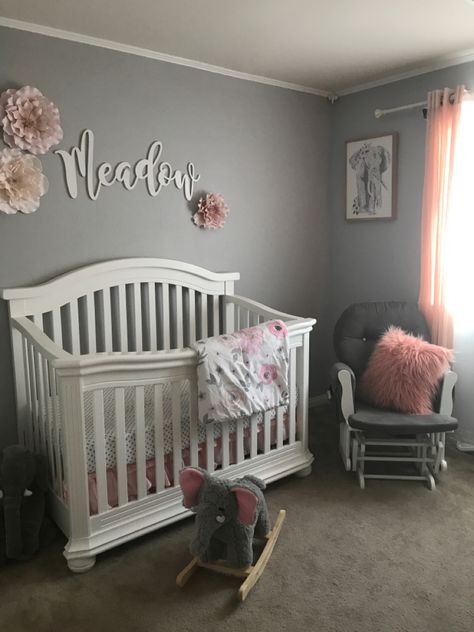 Pink, coral and grey elephant themed nursery for girl Baby Girl Nursery Floral, Girl Nursery Floral, Pink Elephant Nursery, Elephant Nursery Girl, Grey Elephant Nursery, Baby Elephant Nursery, Elephant Themed Nursery, Pink And Gray Nursery, Girls Nursery Floral