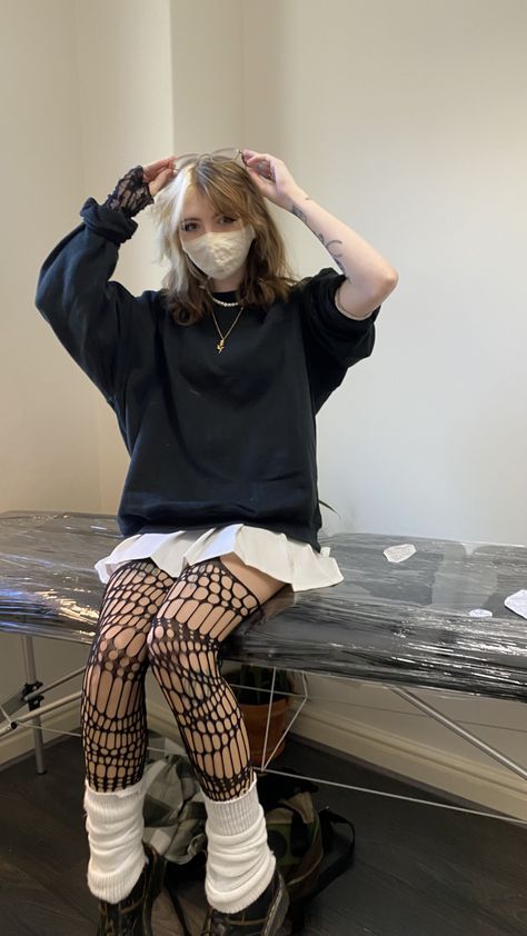 Cute Outfits With Skirts And Leg Warmers, Fishnet And Leg Warmers Outfit, Fishnet Aesthetic Grunge, Punk Academia Outfit, Tattoo Studio Aesthetic, Legwarmers Outfit, Grunge Fairycore Outfits, Long Socks Outfit, Master Vision