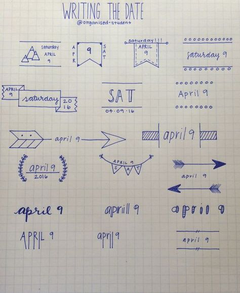 4•9•16 A reference sheet I made for different ways to write the date. This mostly just works for bullet journal stuff.: Doodles Study, Bullet Journal Page, Pretty Notes, Student Organization, Bullet Journal Inspo, A Notebook, Bullet Journal Doodles, Journals & Planners, Journal Doodles